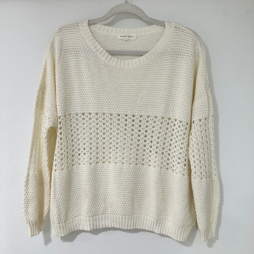 Honey Punch Open‎ Knit Crochet Sweater Womens Size S Cream Long Sleeve | Boho